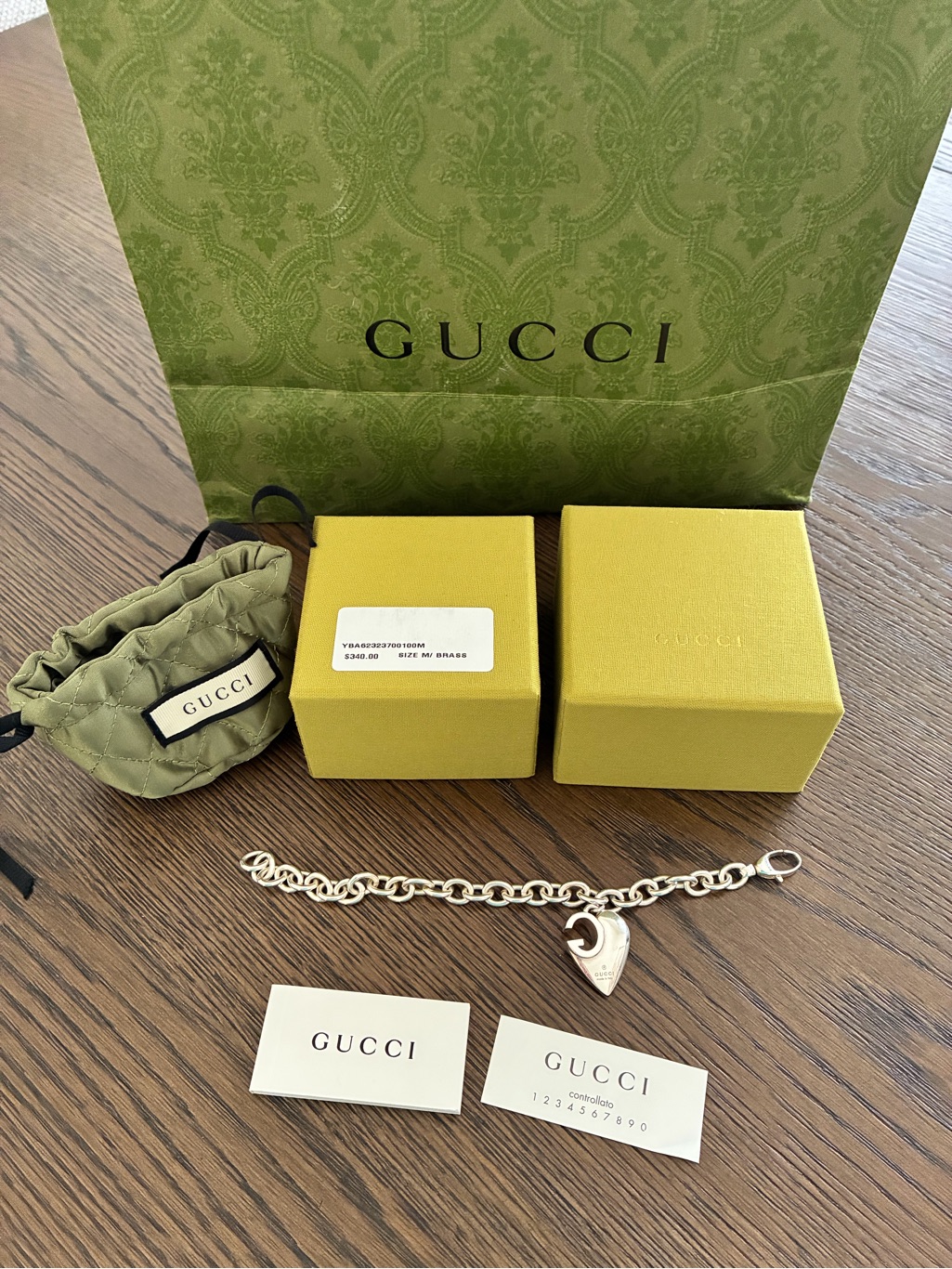 Gucci Silver Heart Padlock Charm Bracelet Authentic